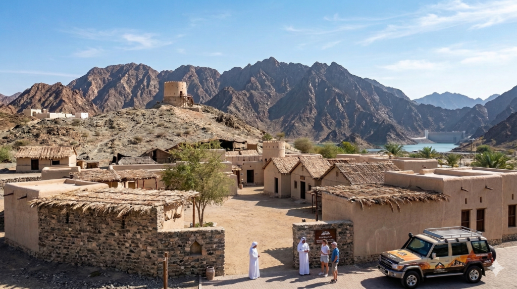 : Tourists exploring the historic buildings and watchtower at Hatta Heritage Village with Maverick Safari guides.