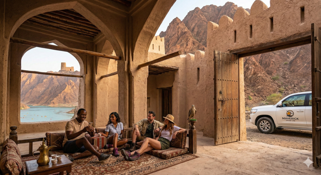 Group of tourists relaxing in a traditional heritage building with mountain lake views during a guided Hatta Tour.