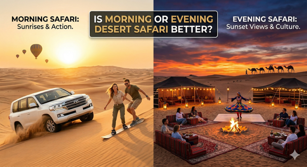 Comparison infographic asking Is Morning or Evening Desert Safari Better, featuring morning sunrise sandboarding and action vs. evening sunset views and cultural shows.