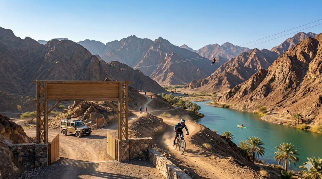 : A mountain biker and zipliner enjoying the adventure activities at Hatta Wadi Hub during a Maverick Safari tour, with scenic mountain and lake views.: A mountain biker and zipliner enjoying the adventure activities at Hatta Wadi Hub during a Maverick Safari tour, with scenic mountain and lake views.