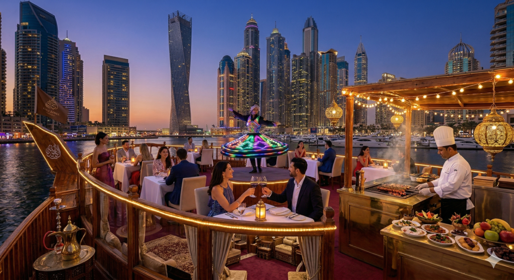 Tourists enjoying a luxury Dinner Cruise Dubai Marina at sunset with a live Tanoura dance show and a gourmet BBQ grill on a traditional dhow.