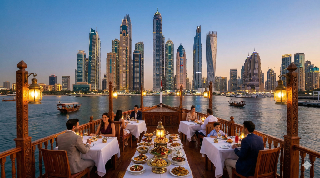 Tourists enjoying a luxury Dinner Cruise Dubai Marina on a traditional dhow with a gourmet buffet and panoramic skyscraper views.