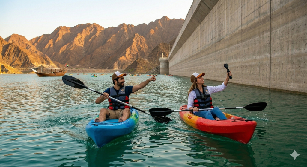 Hatta Tour From Dubai Couple kayaking and filming at Hatta Dam during Hatta Tour From Dubai with Hajar Mountains and dam backdrop.