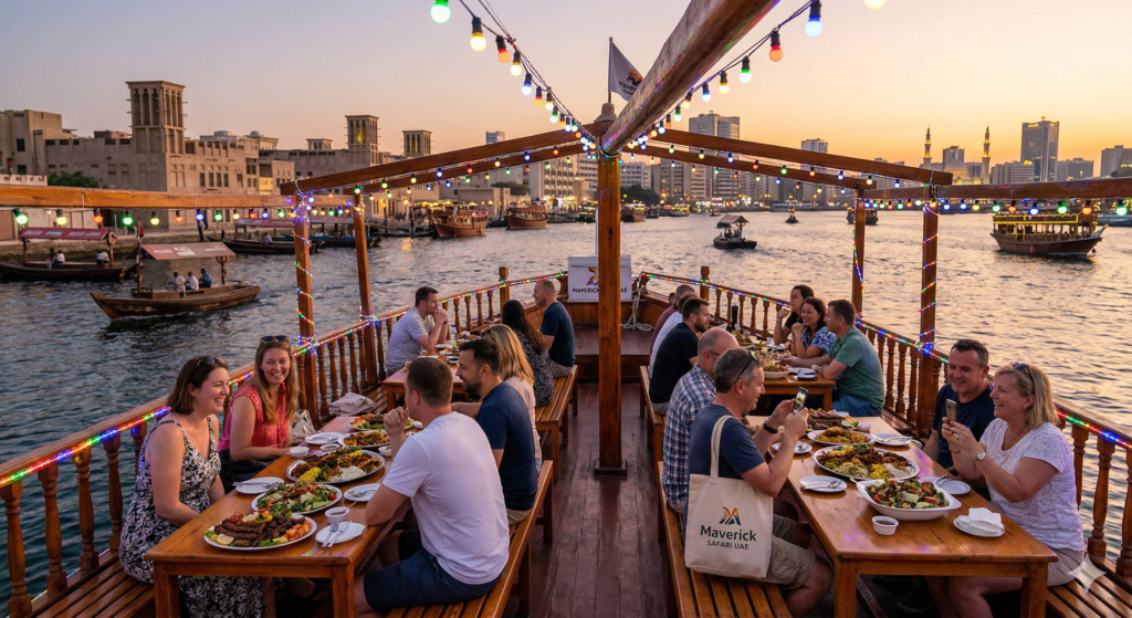 A group of travelers enjoying a budget-friendly Cheap Dhow Cruise Dubai at sunset, featuring a traditional Arabic dinner buffet on an illuminated wooden boat.