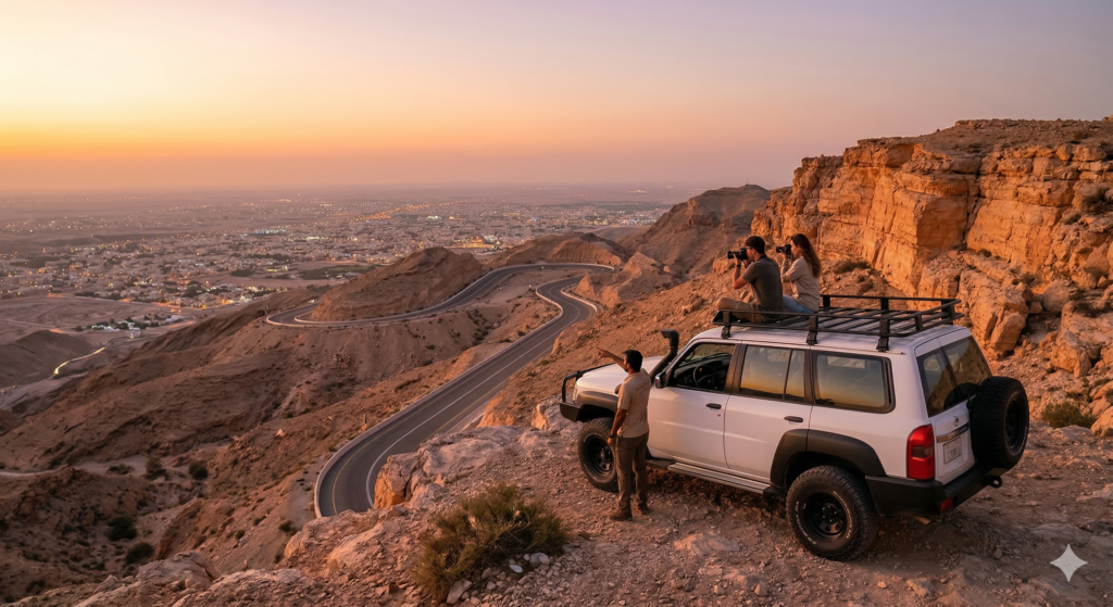 Panoramic sunset view of the winding mountain road and city lights from a cliffside viewpoint, a premier highlight of a Jebel Hafeet Tour.