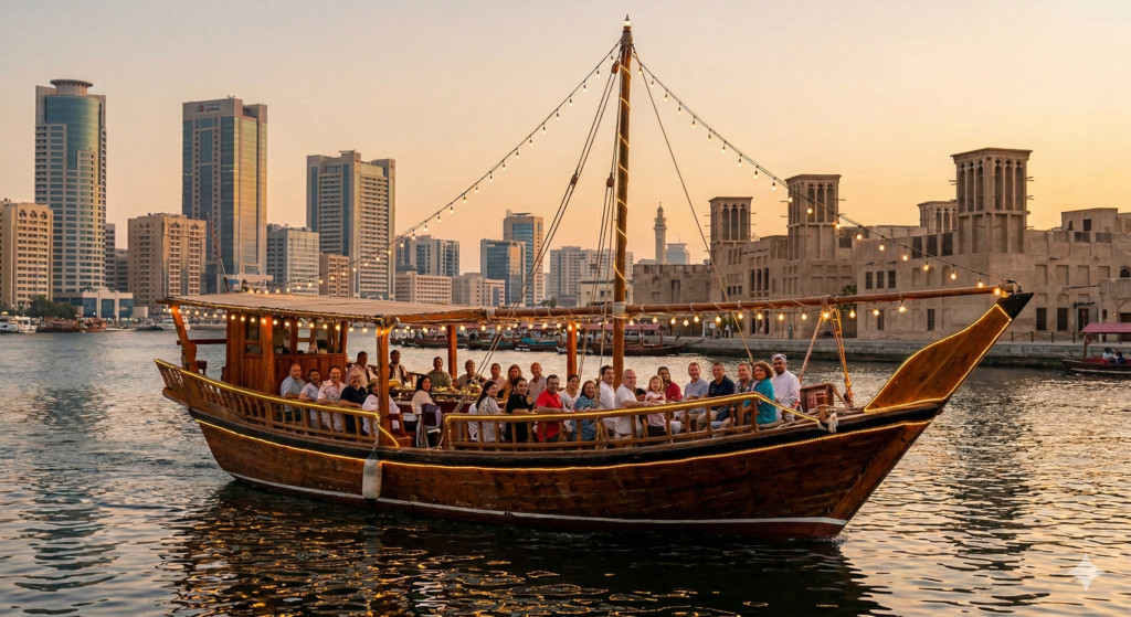 A large group of tourists enjoying a Cheap Dhow Cruise Dubai on a traditional wooden boat sailing past the historic Al Seef wind towers at sunset.