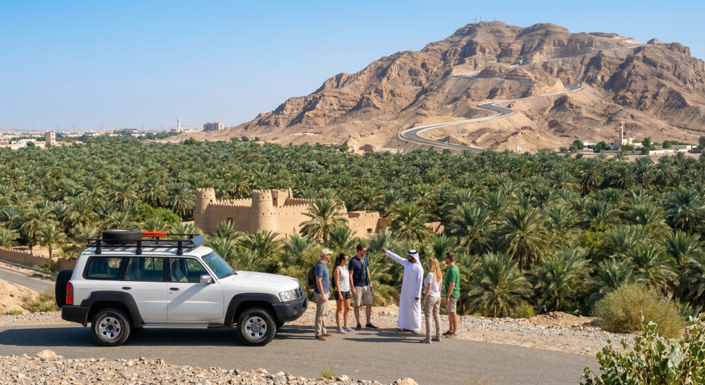 Tourists enjoying a cultural performance, market stalls, and mountain views at a historic heritage site on an Al Ain Tour.
