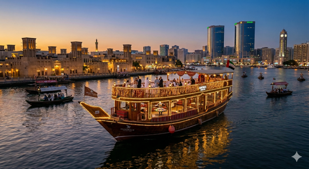 An illuminated Dhow Cruise Dubai Creek boat by Maverick Safari UAE sailing past the historic Al Seef wind towers and Deira skyline at sunset.