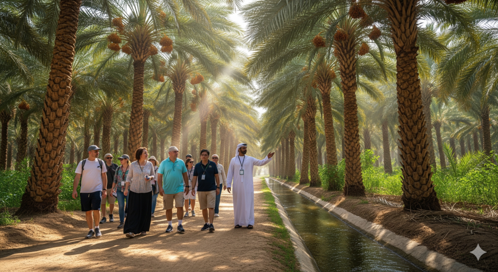A group of tourists being led by a local guide through the lush date palm groves on an Al Ain Oasis Tour, walking alongside a traditional falaj irrigation channel.