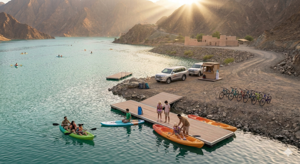 Families launching kayaks and paddleboards from a dock at Hatta Dam, showing the water activities included in your Maverick Safari Hatta Tour Dubai price.