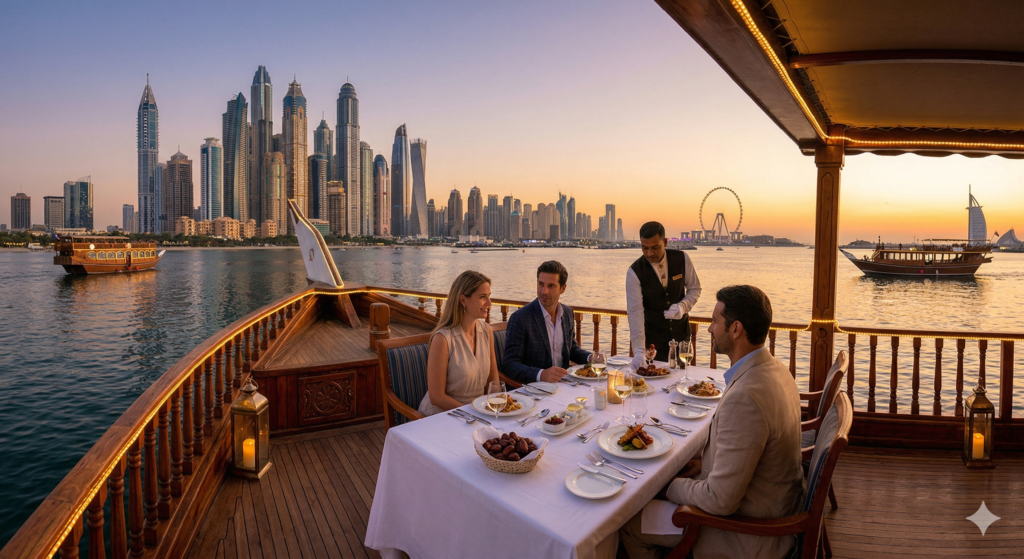 Gourmet fine dining on a Luxury Dhow Cruise Dubai with a professional waiter, featuring views of the Burj Al Arab and Dubai Marina at sunset.