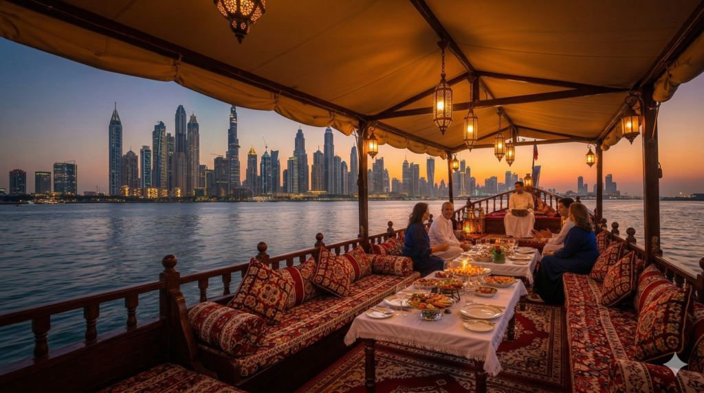 Guests enjoying a Luxury Dhow Cruise Dubai featuring traditional Majlis-style seating and an Arabic buffet against the illuminated Dubai Marina skyline.