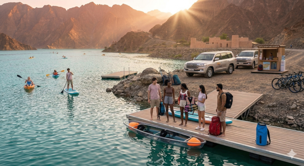Tourists preparing for water activities on a dock at Hatta Dam, showcasing the exciting water sports included in the Maverick Safari Hatta Tour Dubai price.