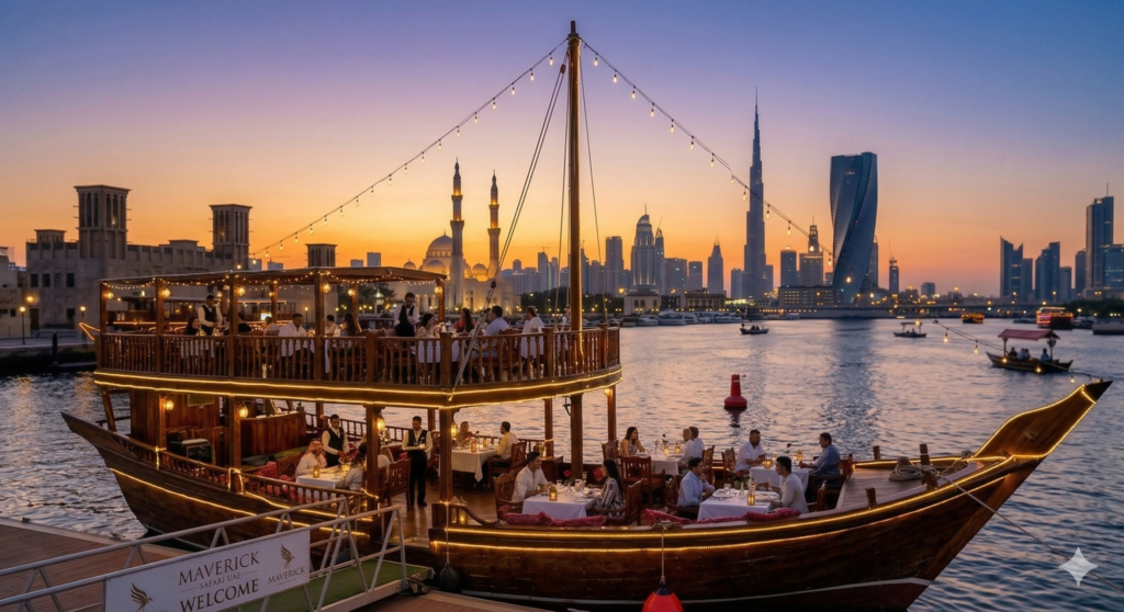 A Luxury Dhow Cruise Dubai boat by Maverick Safari UAE illuminated at sunset, featuring fine dining on deck with a panoramic view of the Burj Khalifa and city skyline.