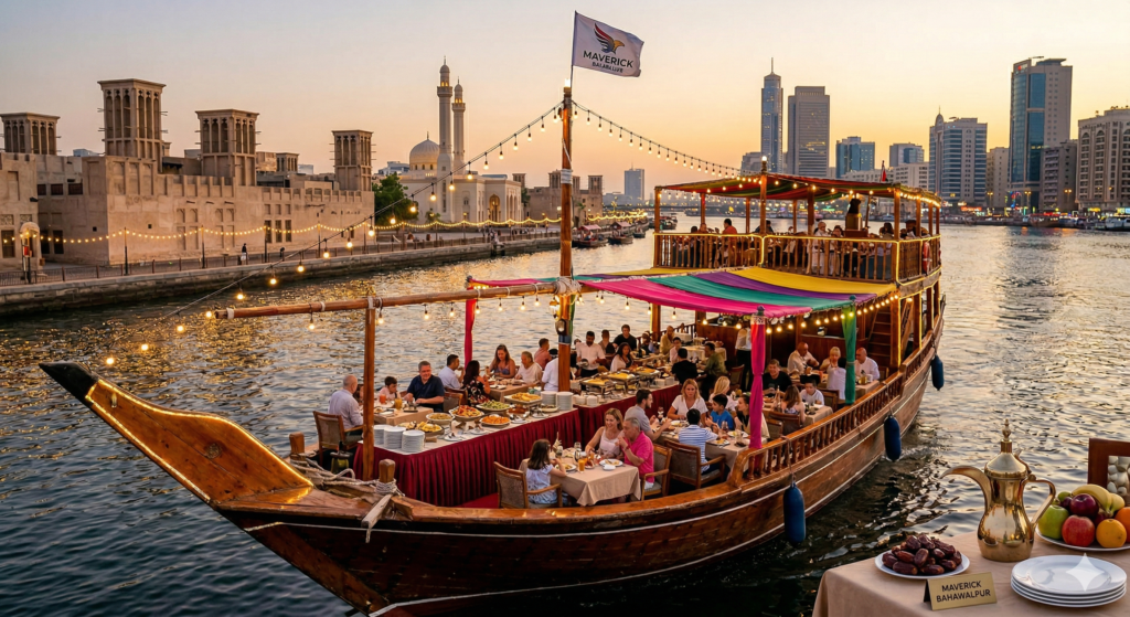 A budget-friendly Cheap Dhow Cruise Dubai at sunset, featuring an international dinner buffet on a traditional wooden boat with views of Al Seef.