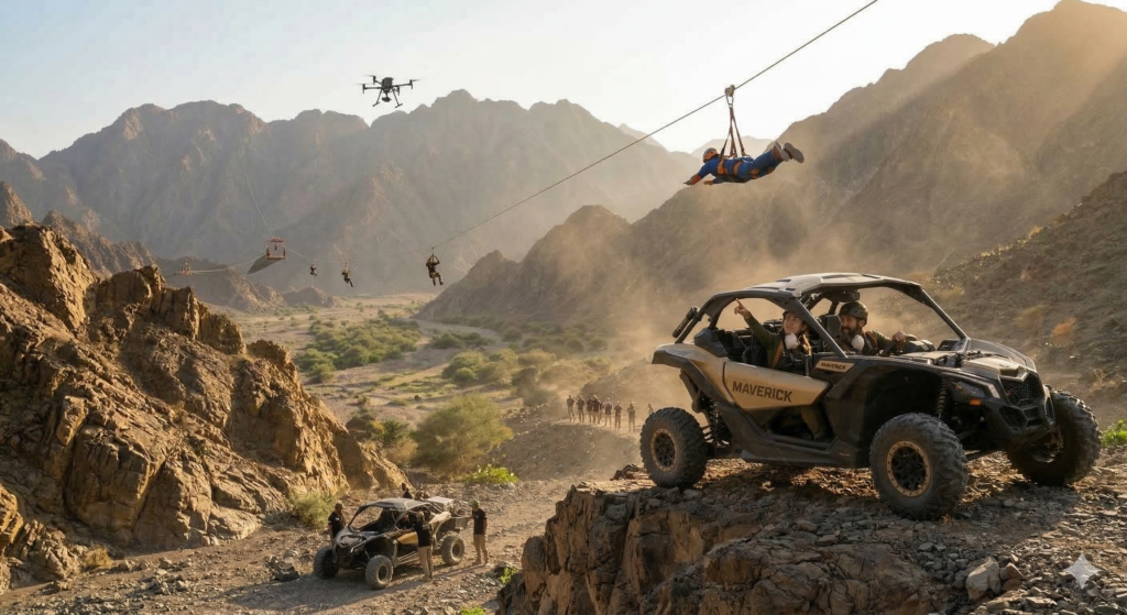 High-adrenaline Hatta Zip Line tour with Maverick Safari UAE, featuring off-roading and aerial views of the mountain landscape.