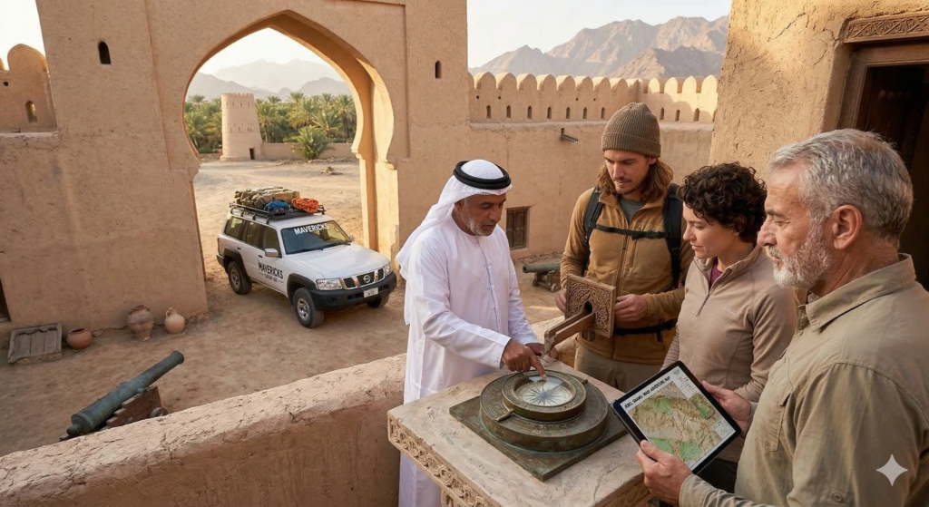 Expert-led historical tour of a desert fort overlooking a palm oasis, part of a premium Al Ain Day Trip experience.