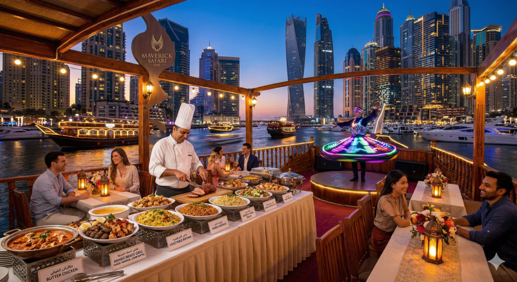 A professional chef serving a gourmet buffet on a Dhow Cruise Dubai Marina With Dinner featuring a live Tanoura dance show and views of the Cayan Tower.