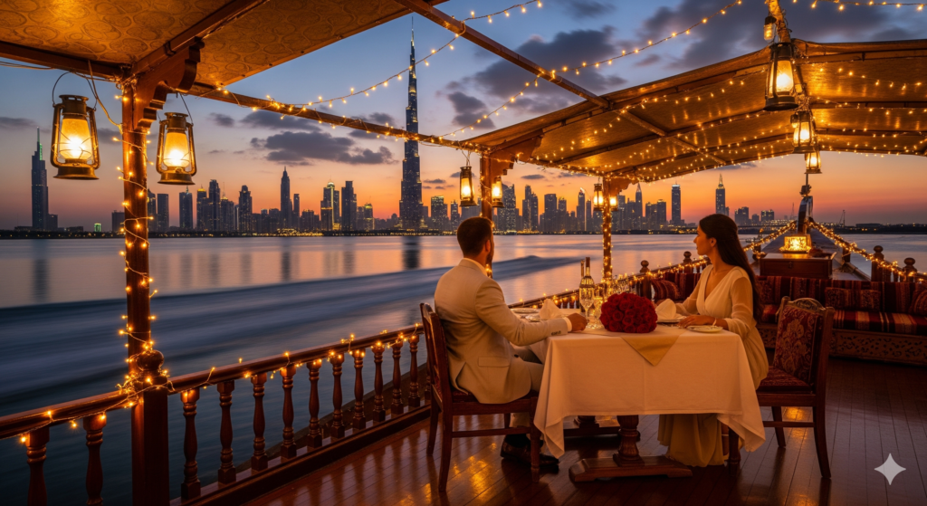 A couple enjoying a candlelit sunset dinner on a Romantic Dhow Cruise Dubai, featuring panoramic views of the Burj Khalifa and the city skyline.