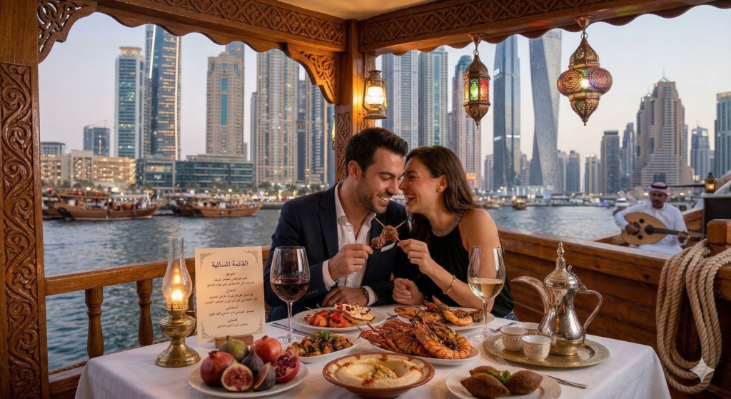 A happy couple enjoying a romantic dinner on a Dubai Marina Dhow Cruise featuring a traditional Arabic feast and the illuminated Marina skyline.