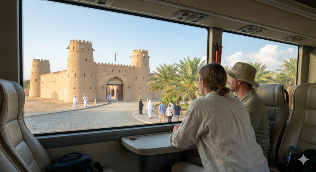 A couple on a guided Al Ain City Tour From Dubai arriving at the entrance of a traditional mud-brick fort surrounded by palm trees.