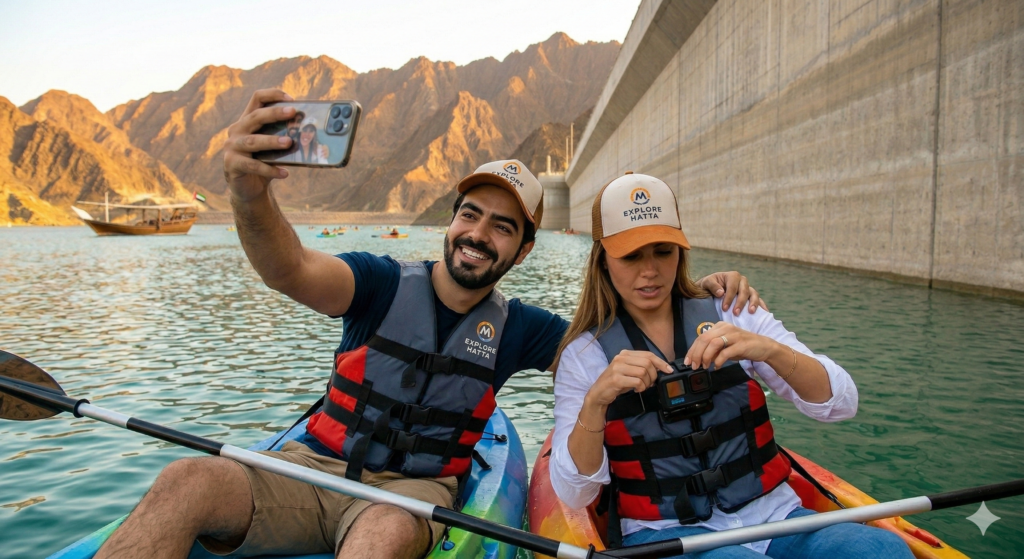 Hatta Tour From Dubai Couple kayaking and taking Selfi at Hatta Dam during Hatta Tour From Dubai with Hajar Mountains and dam backdrop.