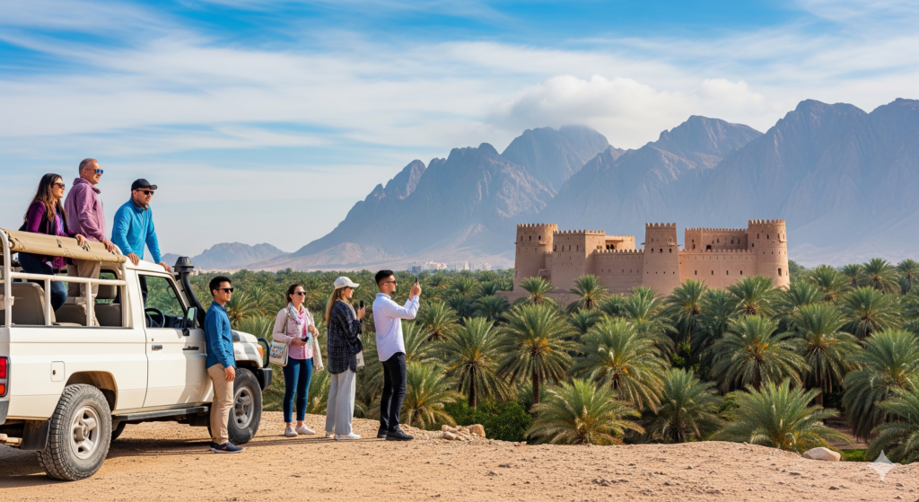 Tourists taking photos of a historic mud-brick fort and lush palm oasis during a Maverick Safari UAE Al Ain Tour.