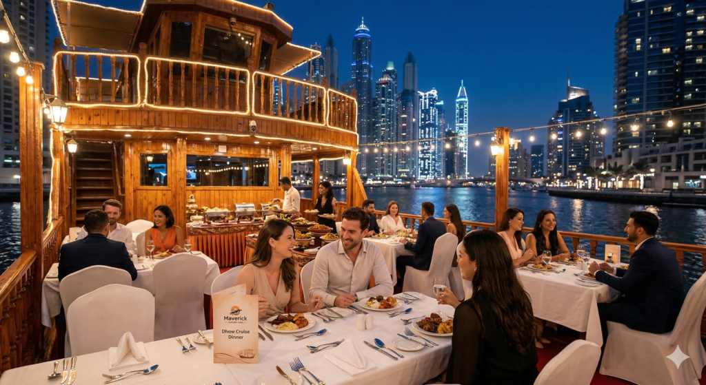 Tourists enjoying a luxury Dhow Cruise Dinner Dubai on a traditional wooden boat, featuring a gourmet buffet and the illuminated Dubai Marina skyline.