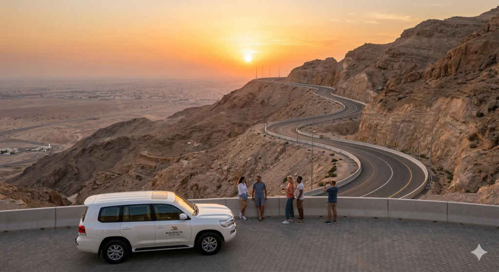 High-angle view of the Hajar Mountains and the Al Ain city skyline at dusk, a premier highlight of a Jebel Hafeet Tour.