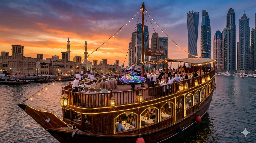 Tourists enjoying an all-inclusive evening with Maverick Safari UAE, showcasing why the Dhow Cruise Dubai Price is worth it for the entertainment and sightseeing.