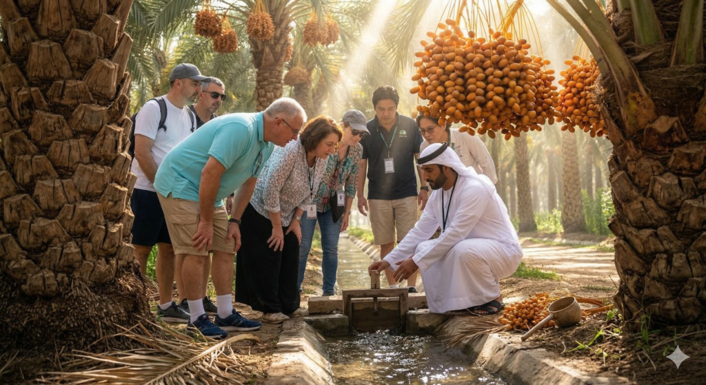 A local guide demonstrating the ancient falaj irrigation system to tourists during an Al Ain Oasis Tour in the lush UNESCO World Heritage palm groves.