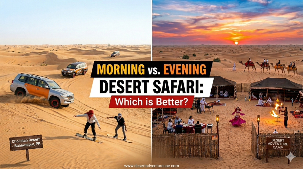 Infographic asking Is Morning or Evening Desert Safari Better, comparing morning sandboarding in Bahawalpur's Cholistan Desert with evening sunset camel rides and camp shows.