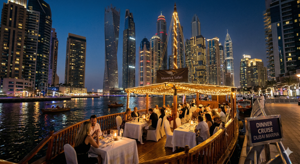 Tourists enjoying a luxury Dinner Cruise Dubai Marina on a Maverick Safari UAE traditional dhow with views of the illuminated skyscrapers.