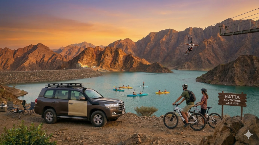 Exploring the extreme sports capital of Dubai at Hatta Day Trip with Maverick Safari UAE, featuring top-down views of biking trails and water activities.