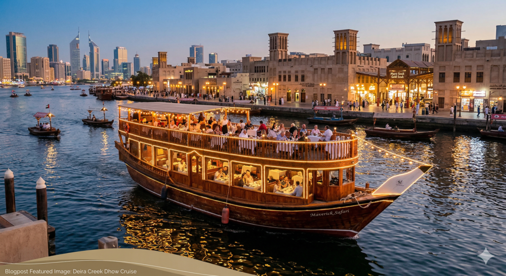 Tourists enjoying an evening Deira Creek Dhow Cruise on a traditional wooden boat illuminated with lights, passing the historic Al Seef heritage district.