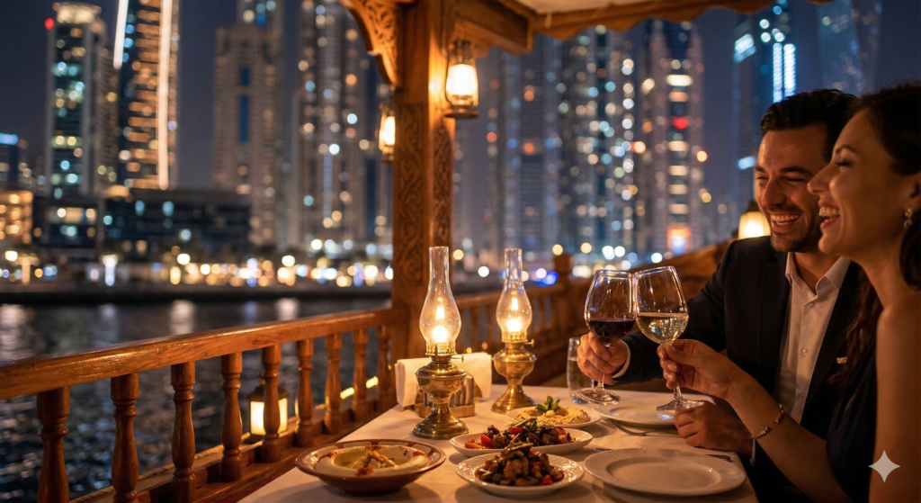 A couple enjoying a romantic candlelit dinner on a Dubai Marina Dhow Cruise at night, featuring traditional Arabic appetizers and views of the illuminated city skyline.