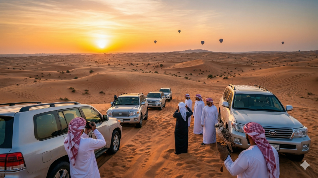Tourists asking what time does morning desert safari start can expect pickups between 4:30 AM and 5:30 AM to witness this spectacular sunrise over the Dubai dunes.
