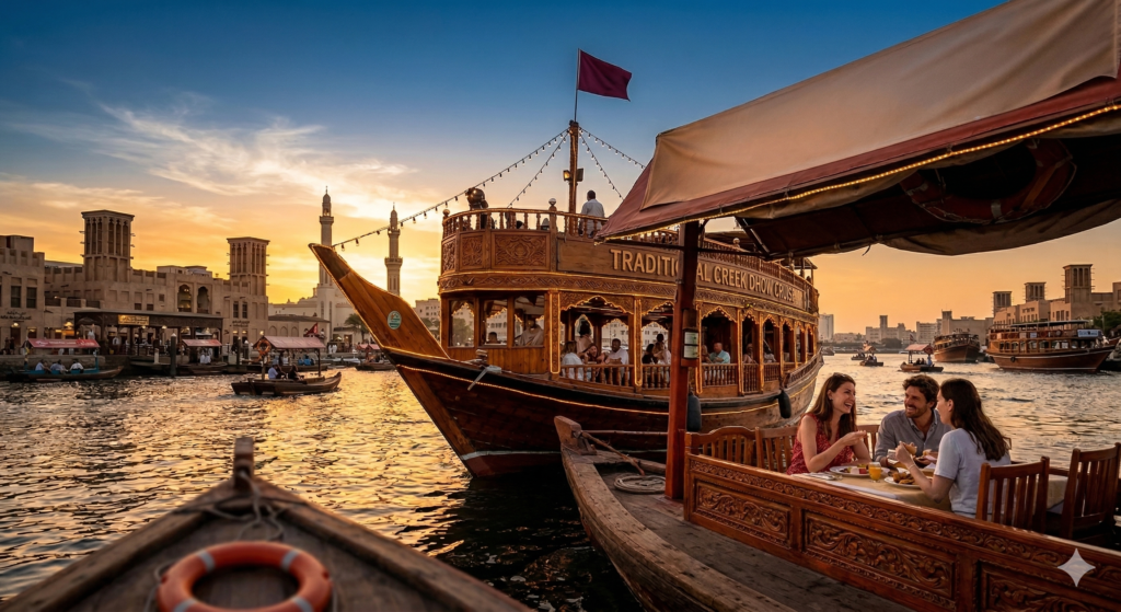 Tourists enjoying an evening Creek Dhow Cruise Dubai past the historic wind towers and minarets of Old Dubai during sunset.