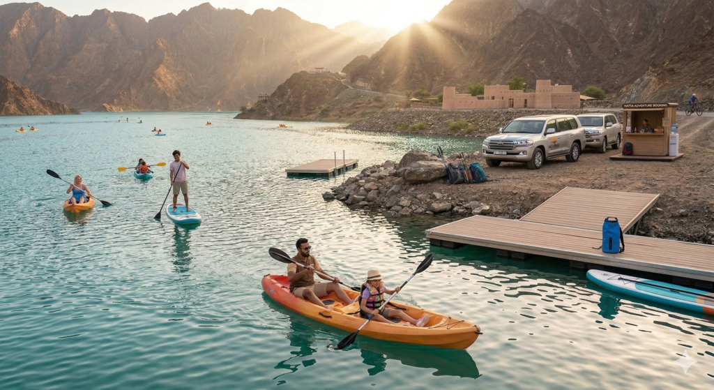 Tourists kayaking and paddleboarding on the beautiful Hatta Dam lake, a popular water activity factored into the Hatta Tour Dubai price.