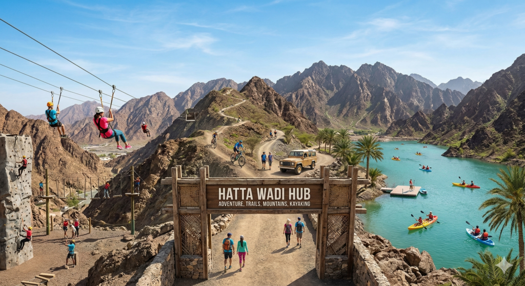 Mountain biking, rock climbing, and ziplining adventures await visitors just down the road from the historic Hatta Wadi Hub.