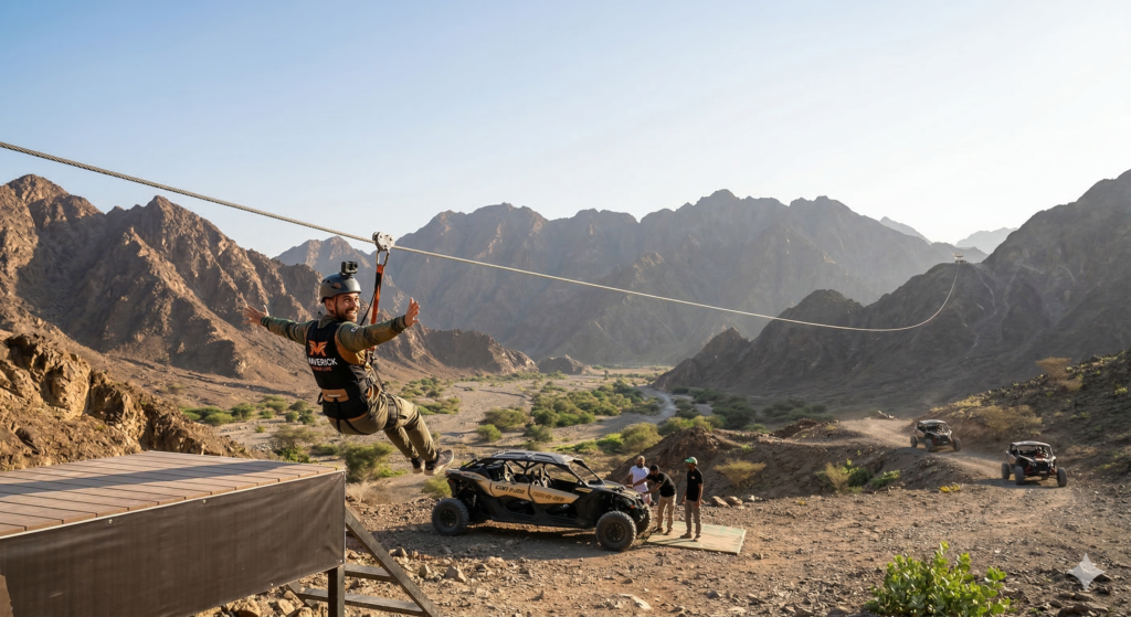 Outdoor enthusiast enjoying a high-flying adventure at the mountain hub, featuring the iconic Hatta Zip Line and desert safari vehicles