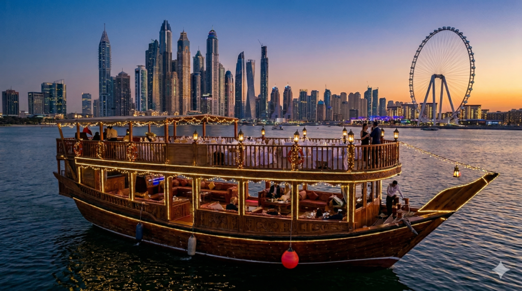 A Luxury Dhow Cruise Dubai at sunset, featuring an illuminated double-decker boat with panoramic views of the Ain Dubai and the Marina skyline.