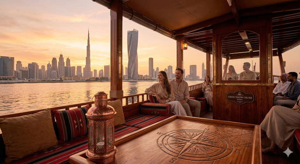 Tourists enjoying a sunset view of the Burj Khalifa and Dubai skyline from the deck of a traditional wooden boat on a Creek Dhow Cruise Dubai.