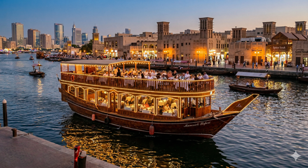 Tourists enjoying an evening dinner on a traditional Deira Creek Dhow Cruise boat illuminated with lights, passing the historic Al Seef and Spice Souk heritage district.