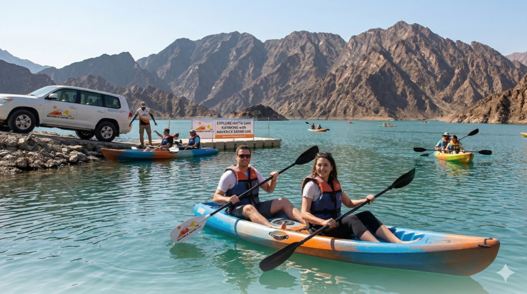 Couple paddling a tandem boat during a Hatta Dam kayaking experience with Maverick Safari UAE, featuring stunning mountain views.