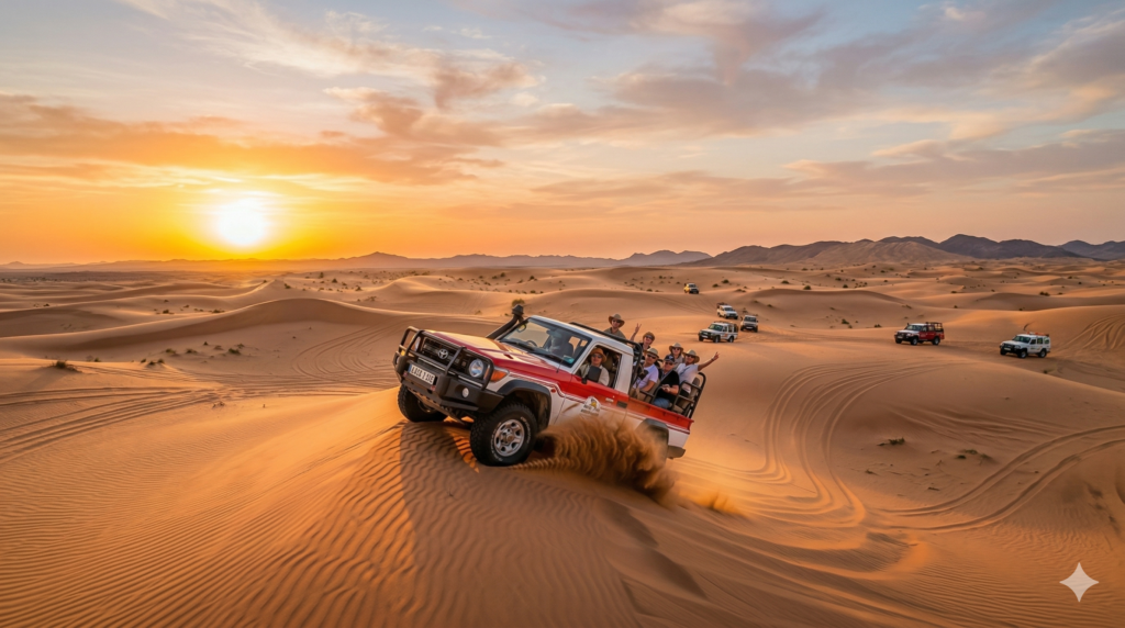 Scenic sunset convoy answering How Long Does Desert Safari Take for a standard evening tour.