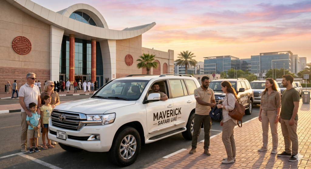 Tourists boarding a luxury 4x4 outside the mall for their scheduled Desert Safari Dragon Mart Pickup.