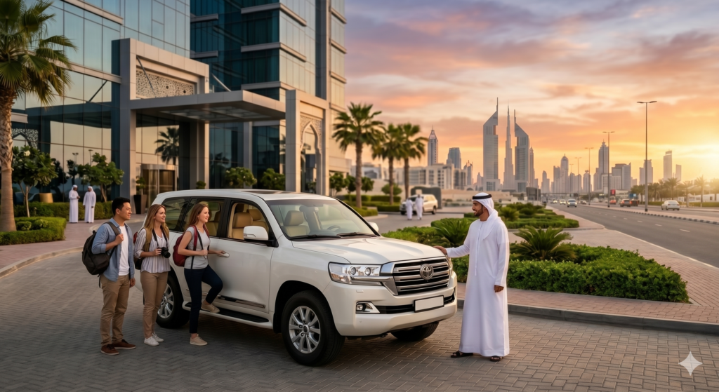 Emirati guide welcoming guests outside a city hotel, illustrating a convenient Desert Safari Sharjah Pickup.
