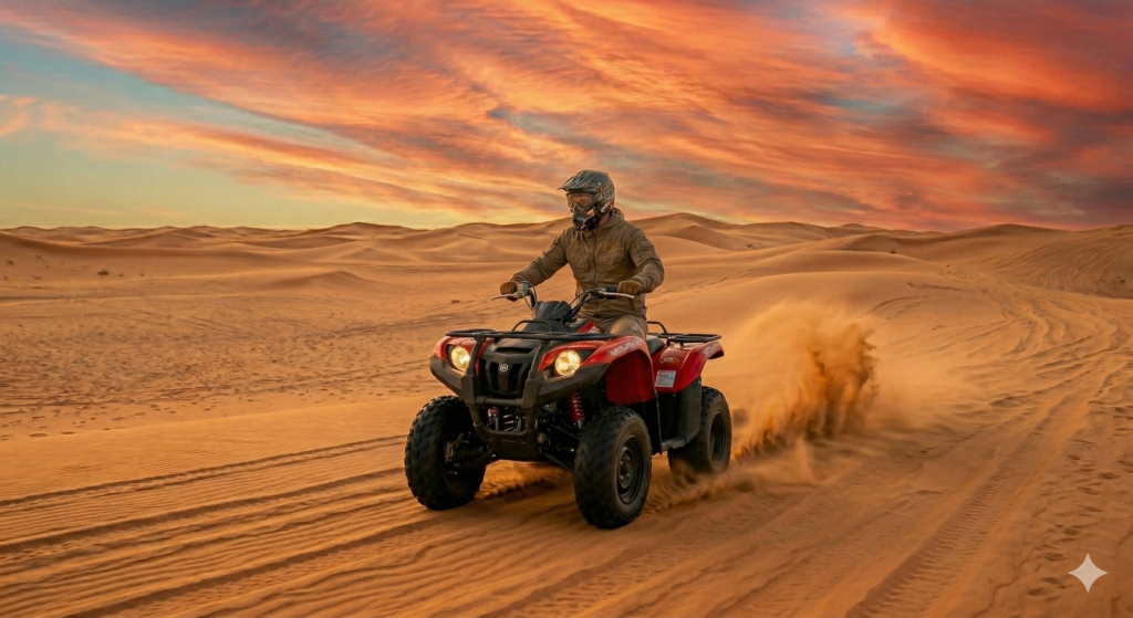 Red ATV riding across dunes at sunset, clarifying Is Quad Biking Included in Desert Safari packages.