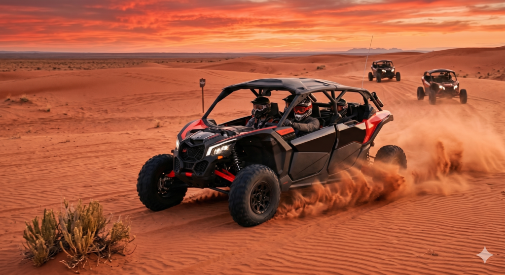 Action shot of a 4-seater off-road UTV, explaining How Much Does Dune Buggy Cost in Dubai.